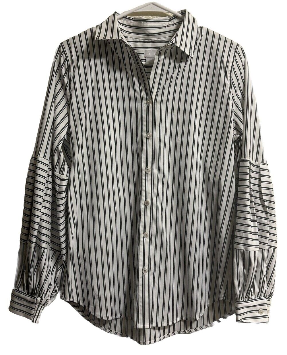 Chico’s Poplin Button Up Shirt Billow Sleeve Striped Academia Office NWT Size S